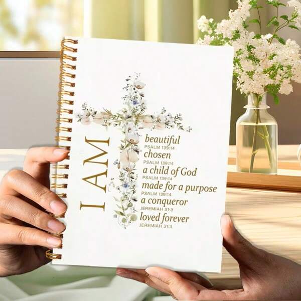 1 pièce Cahier spirale inspiré du christianisme, 50 pages, 5,5"X8,3", design de croix florale et thème du verset biblique "Je suis". Ce journal de verset biblique à croix florale est parfait pour la foi et l'autoréflexion.
