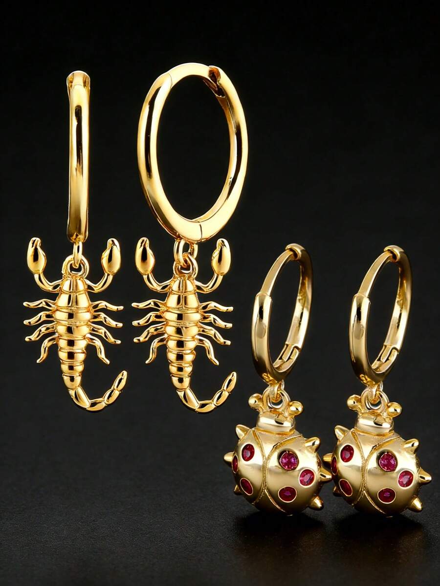 1 Pair Unique Golden Scorpion & Ladybug Earrings, Creative Versatile Men's Gift - Yellow Gold - View 1