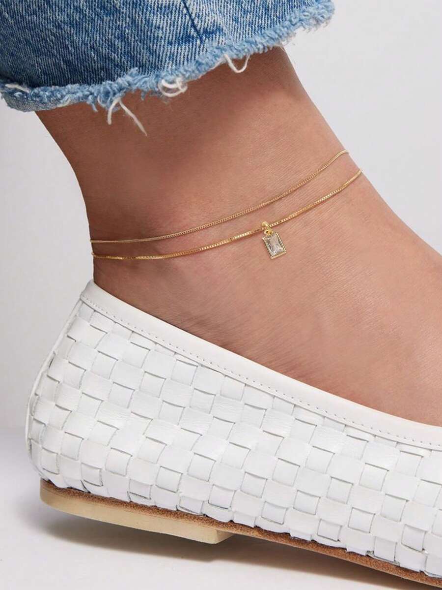 2pcs Geometric Rectangle Pendant Anklet Set With Copper Inlaid Cubic Zirconia, Layered Gold Chain, Suitable For Casual Daily Wear - Yellow Gold - View 1