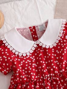 Baby Girls' Fashionable Cute Dress, Baby GirlVintage Collar Heart Pattern Dress, Baby Girls' Casual Elegant Sweet Versatile Clothing, Baby Girl Comfortable Outdoor Holiday Party Summer Outfit, Suitable For 0-1-2-3 Years Old, 6-9 Months - Red - View 3