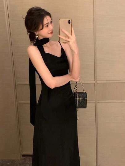 1pc Women's Plain Extra Long Black Choker Scarf Veil With Ribbon, Spring Clothing Accessory Necktie Scarf Ornament Bandana,Hair Band,Head Band Ideal For Dressing Up Your Look