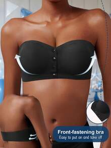 Black Glossy Push-Up Bra, Bandeau Style Design, Front Opening, Strapless, Lifting And Shaping Bust, Breathable And Stylish Back Design, Suitable For Daily Wear - Black - View 4