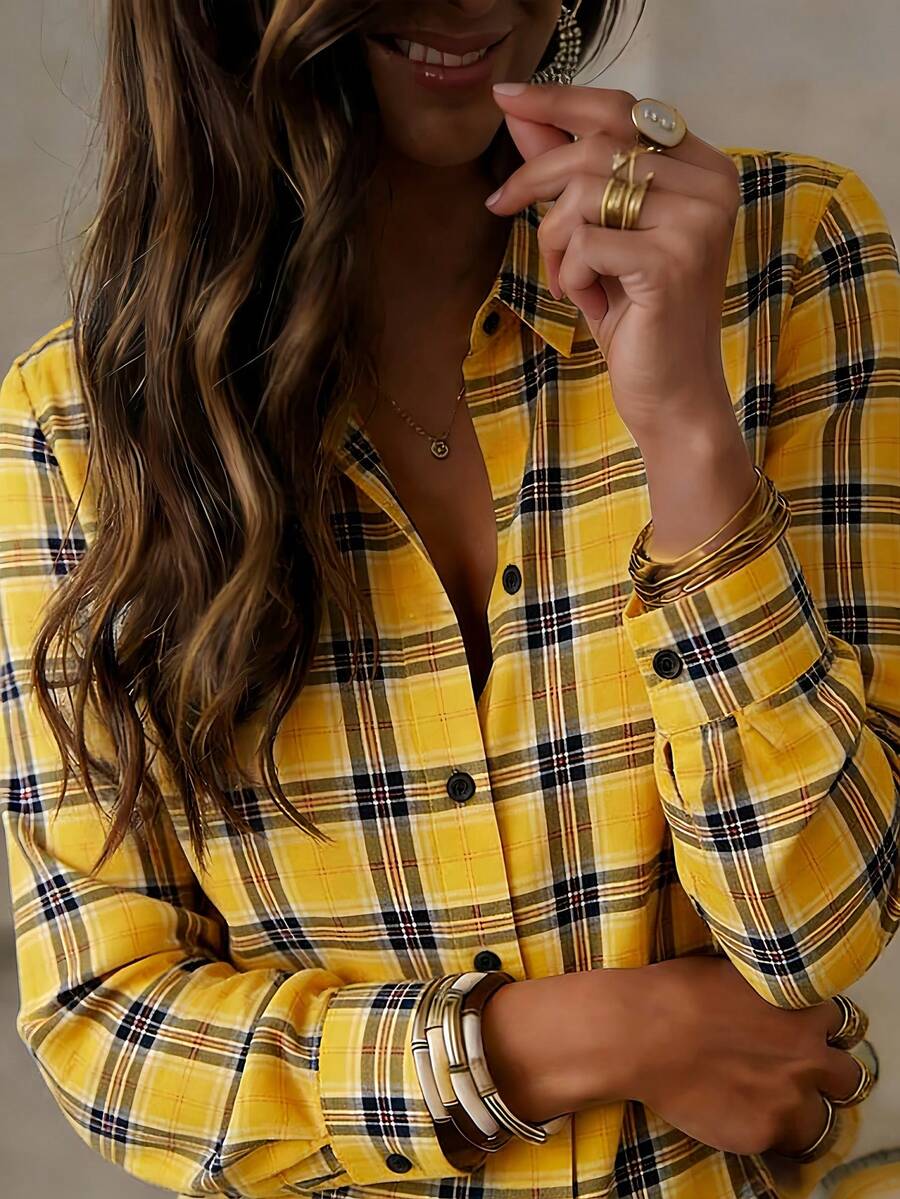 Women's Fashionable Yellow Plaid Polyester Long Sleeve Button-Down Casual Blouse