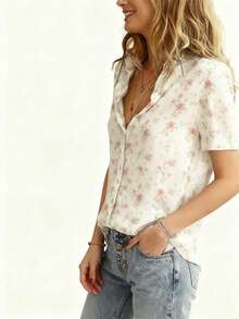 Áo sơ mi cài cúc phía trước bằng polyester họa tiết hoa nhí, trang phục thường ngày cho mùa xuân và mùa hè. - trắng - Xem 2