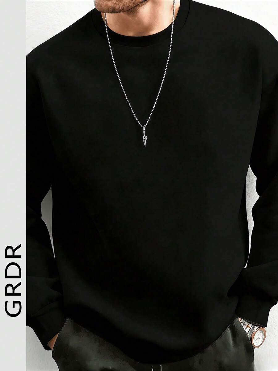 GRDR Men's Casual Solid Color Pullover Crew Neck Sweatshirt - Black - View 1