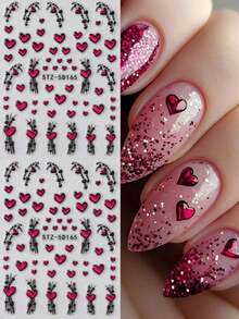 2pcs 5D Stereoscopic Heart Nail Stickers, Valentine's Day Red Heart Line Doodle Nail Art Stickers, New Year Nail Art Supplies, Wedding Nail Jewelry Decorations - 彩色 - 查看 3