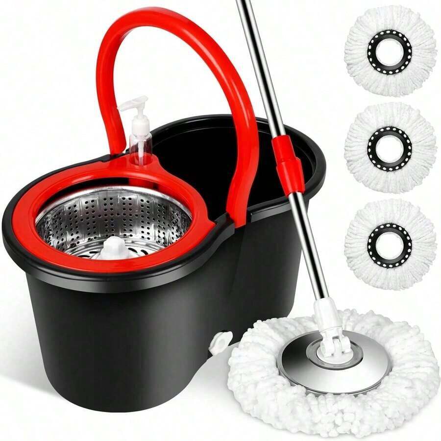 Bucket With Wringer Set, 360° Microfiber Spin Mop With Bucket And 3 Microfiber Mop Heads And 61 Stainless Steel Adjustable Handle Floor Cleaning, Black - 黑色 - 查看 1