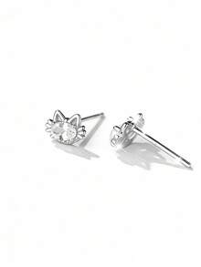 S925 Silver Cat Zirconia Stud Earrings, Hypoallergenic For Pierced Ears, Suitable For Girlfriend, Best Friend, Daily Wear, Party, Comes With Gift Box