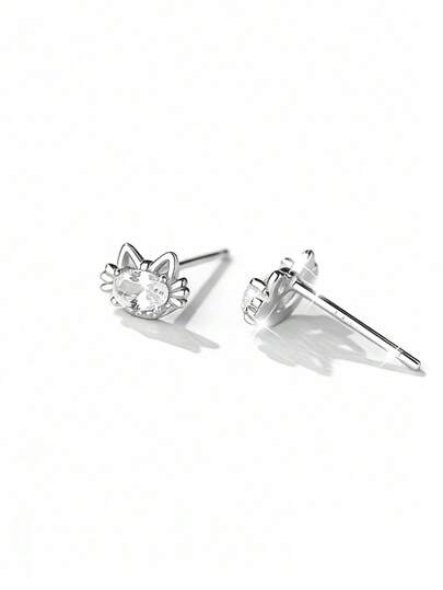 S925 Silver Cat Zirconia Stud Earrings, Hypoallergenic For Pierced Ears, Suitable For Girlfriend, Best Friend, Daily Wear, Party, Comes With Gift Box