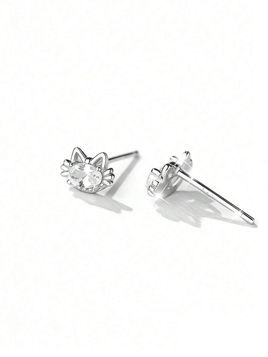 S925 Silver Cat Zirconia Stud Earrings, Hypoallergenic For Pierced Ears, Suitable For Girlfriend, Best Friend, Daily Wear, Party, Comes With Gift Box