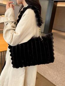 新款蓬松大容量单肩包，时尚大容量通勤包，秋冬季百搭女士腋下包 - 黑色 - 查看 7