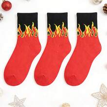 3 Pairs Men's Yellow Flame & Red Mid-Calf Socks, & Stylish For Street Wear - Multicolor - View 6