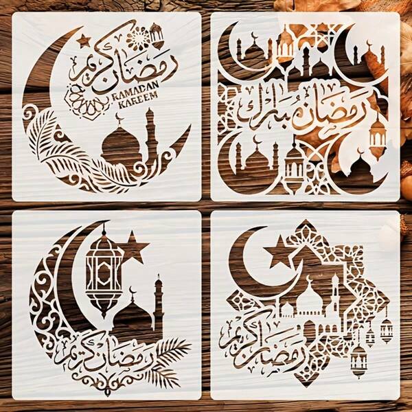 4件套开斋节快乐模板，开斋节快乐绘画模板，适用于开斋节派对墙面装饰，斋月庆祝绘画模板，包含月亮、灯、清真寺、阿拉伯书法和星星图案，开斋节快乐礼物塑料模板，节日手工艺品，节日装饰，艺术图案，装饰模板，可重复使用模板，塑料模板，工艺材料，绘画工具，手工艺品，创意艺术家