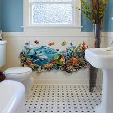 1pc Underwater World Shark & Coral Baseboard Wall Sticker, Bathroom & Living Room Wall Decor, Self-Adhesive Waterproof Ocean Style Beautifying Decal - Multicolor - View 2
