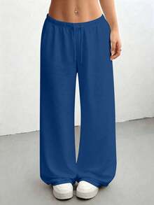 Women's Casual Solid Color Drawstring Waist Sports Pants - Blue - View 4