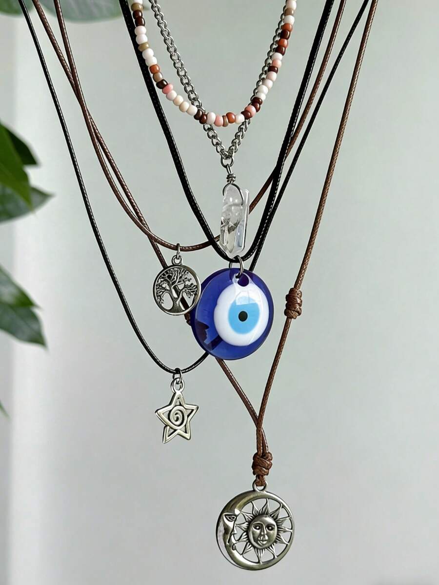 6件套波西米亚风生命树吊坠串珠项链套装 - 邪眼日月设计，男女皆宜，适合休闲佩戴，四季皆宜 - 銀色 - 查看 1