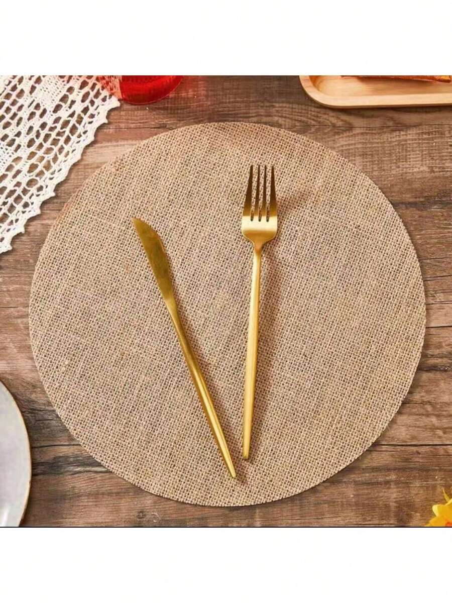 50pcs/30pcs/20pcs/12pcs/10pcs Round Linen Coarse Burlap Placemats, Heat Insulation Pads, Heat Resistant Table Mats, Suitable For Kitchen And Dining Room, Can Be Used As Wedding Tablecloth, Wedding Decor, Home Decor, Room Decor, Applicable For Wedding Party, Birthday Party, Family Gathering, Restaurant Decoration - Khaki - View 1