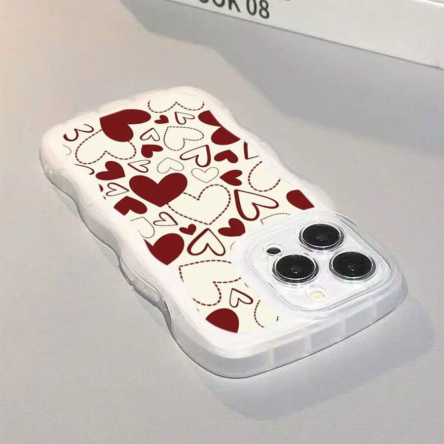 1pc Fashionable Wavy Irregular Protective Phone Case With Red Heart Pattern, Compatible With IPhone 17 Air/17 Pro/17 Pro Max/17/16e/16/15/14/13/12/11/X/XR/8/7 And Galaxy A14/A15/A54/S24/S24 Ultra Series - Clear - View 1