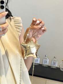 1pc New Mini Metal Pouch, Electroplated Silver Coin Purse, Shiny Avant-Garde Metallic 5-Pointed Star Handbag, Star Chain Crossbody Bag, Asymmetric Handheld Bag, Accessory Pouch, Elegant Coin Purse, Earphone Case , Wedding - Gold - View 5