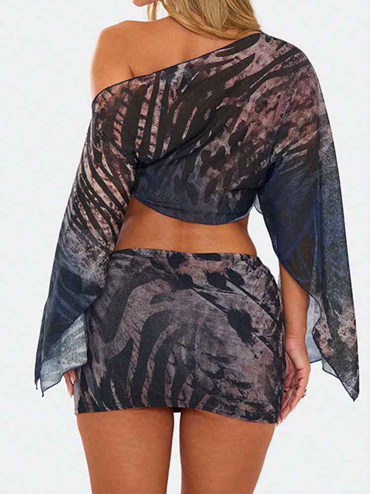 2pcs Women's Sexy Elegant Floral Print Sheer Cutout Flare Sleeve Mesh Patchwork Crop Top And Elastic Waist Mini Skirt Set, Stretchy Knit Fabric, Suitable For Party, Beach, Street Vacation Spring Black - Black - View 3