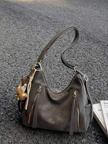 新款女士手提包，大容量通勤小众设计单肩包，休闲百搭简约时尚斜挎包，舒适PU材质，纯色设计，拉链闭合，可调节长肩带，多功能大容量背包，线上热门带吊坠手提包 - 咖啡 - 查看 2