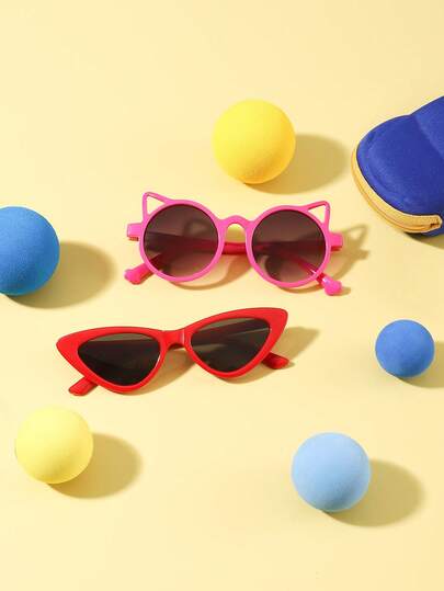 1Set 2PCS Boy's And Girl's 6-12Y Polycarbonate Cat Eye Frame Multi-Changing Casual Personal Hot Selling Vintage Fashion Glasses, Outdoor Travel Festival Party Outfit, With Glasses Case