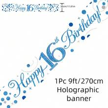Băng rôn dài 2,7m màu xanh lấp lánh, mừng sinh nhật lần thứ 16, 18, 21, 30, 40, 50, 60, 70, 80, 90, màu xanh lam và trắng, hiệu ứng ba chiều. - Nhiều màu - Xem 1