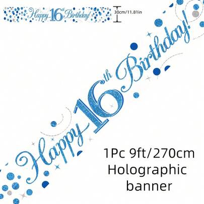 Băng rôn dài 2,7m màu xanh lấp lánh, mừng sinh nhật lần thứ 16, 18, 21, 30, 40, 50, 60, 70, 80, 90, màu xanh lam và trắng, hiệu ứng ba chiều.
