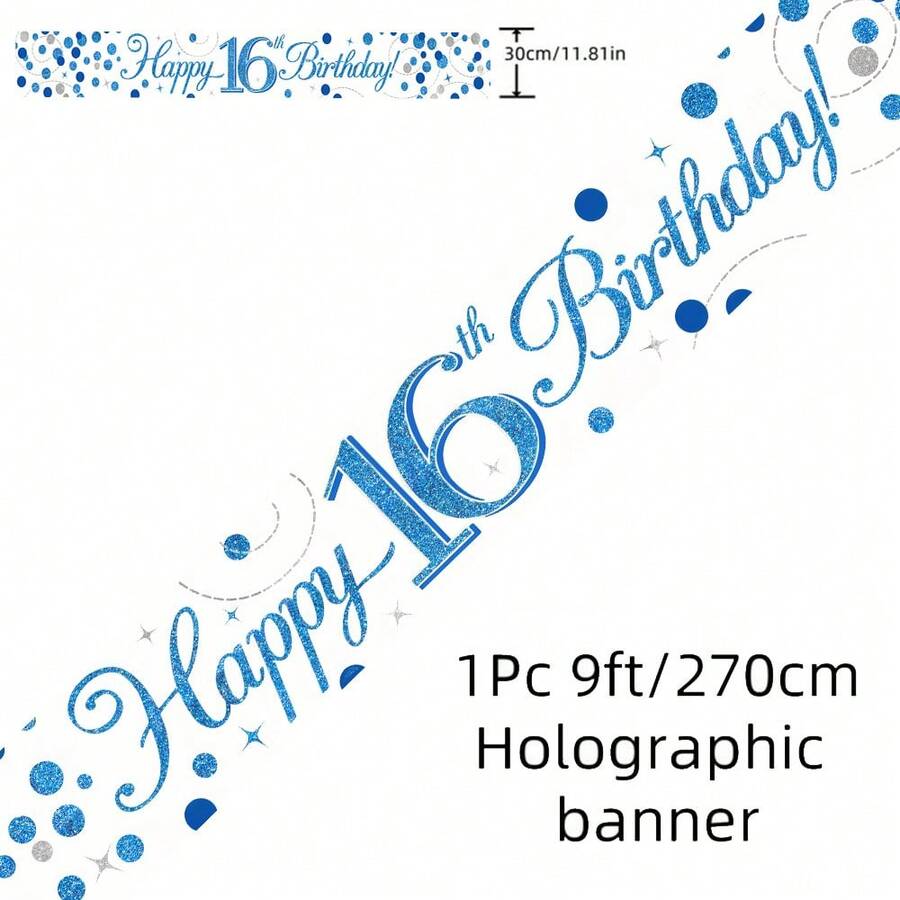Băng rôn dài 2,7m màu xanh lấp lánh, mừng sinh nhật lần thứ 16, 18, 21, 30, 40, 50, 60, 70, 80, 90, màu xanh lam và trắng, hiệu ứng ba chiều. - Nhiều màu - Xem 1