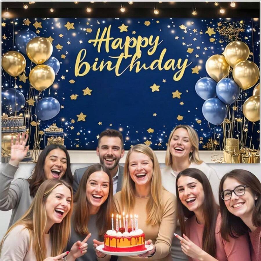 1 peça, banner plano 2D azul marinho com a frase "Feliz Aniversário", feito de tecido de poliéster, com estrelas e decorações de presentes. Ideal para decoração de festas de aniversário, comemorações de aniversário, festas de fim de ano, fundos de festa, presentes de maioridade, despedidas de solteiro(a), decoração de mesa de bolo, decoração de parede, decoração de casa/quarto/ambientes internos/externos, adereços para fundo fotográfico, tecido para fundo de aniversário, artigos/presentes para decoração de festas.