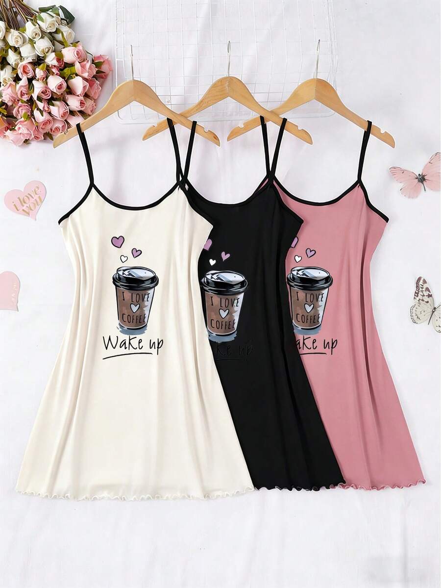 3pcs Valentine's Day Gift Set: Cute Cartoon Print Ruffle Trim Women Knitted Camisole Nightgown Sleepwear Set - Multicolor - View 1