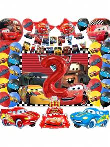22pcs  Cars Birthday Decoration Set Featuring  And Mater-Themed Backdrop, Red Number Foil Balloons, Red And Blue Race Car-Shaped Balloons. Birthday Party Decoration, Racing-Themed Kids' Scene Decor, Creating An Immersive Car-Themed Celebration Atmosphere, Birthday Party Setup, Backdrop Wall Decoration. - Multicolor - View 18