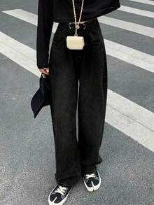 Women's Vintage High Waist Button Fly Wide Leg Straight Jeans - Black - View 3