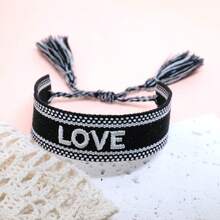 1pc Handmade Embroidered Love Letter Boho Tassel Braided Bracelet - Black - View 3