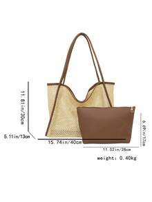 2pcs Spring Straw Large Capacity Handbags, 2026 New Fashion Tote Shoulder Bags, For Travel And Outing - Coffee - View 7