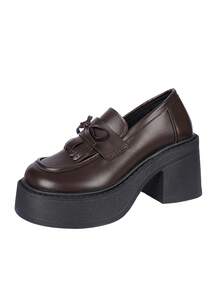 Nouvelles arrivées Femmes Mocassins décontractés de mi-talon noirs avec décoration de nœud papillon, convient pour l'école/le printemps, talons compensés - Tabac - Voir 8