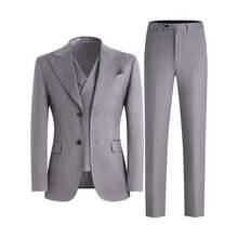 2026 Trending Men's 3-Piece Suit Set - Peak Lapel Blazer, Vest & Dress Pants | Classic Solid Formal Wear For Wedding Guest, Business & Prom (Easy-Care Poly-Viscose Blend) - Xám - Xem 15