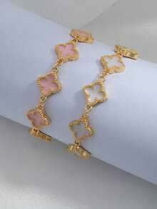 2pcs/Set Fashionable Minimalist Clover Geometric Women Bracelet Set, Suitable For Daily Wear And Party Outfits