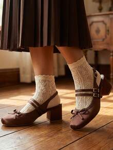 Ballet Mary Janes Chunky Heels For Women Square Toe Satin Ballerina Low Heels With Bow Elegant Wedding Party Slingback Shoes - 棕色 - 查看 8