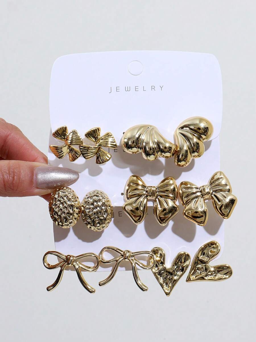 1-6 Pairs Of New Popular Earrings, Sweet And Cute Style, Bow Tie Strap Earrings, With Textured Round Ball Heart Shape, Made Of High-Quality Resin Material, Suitable As Valentine's Day Gift For Girlfriend. - Gold - View 1