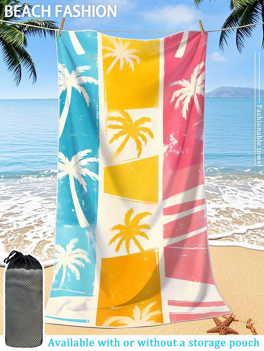 1条个性化棕榈树印花沙滩巾，超大超柔软超细纤维沙滩毯，速干且吸水性强，双面可用，防晒披肩，是度假、旅行、瑜伽垫和浴室装饰的理想之选。 - 彩色 - 查看 1