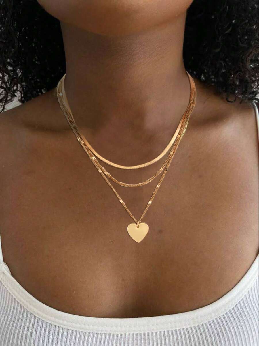 1 pieza Conjunto de collar vintage de múltiples capas para mujer, collar de cadena con corazón dorado y hueso de serpiente, diseño único de lujo tipo gargantilla