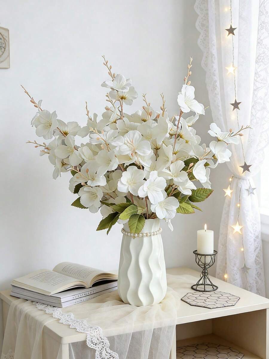 1 ramo de 65cm de flores artificiales de narciso y magnolia, adecuado para jarrones, sala de estar, centro de mesa de boda, tema romántico, plantas falsas, decoración de otoño, habitación, escritorio, decoración de jardín, Día de San Valentín, regalo de cumpleaños, graduación - Blanco - Ver 1
