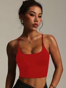 Women's Solid Color Wireless Criss-Cross Strap Fashionable Knit Sports Bra Spring - Red - View 4