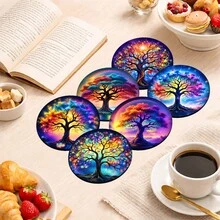 6pcs Life Tree Pattern Coaster Set, Tea Cup Mats, Water Cup Mats, Wine Glass Mats, Coffee Cup Mats, Round Absorbent Silica Gel Coasters, Home Decor, Party & Tableware Gift Set, Suitable For All Seasons - Multicolor - View 4