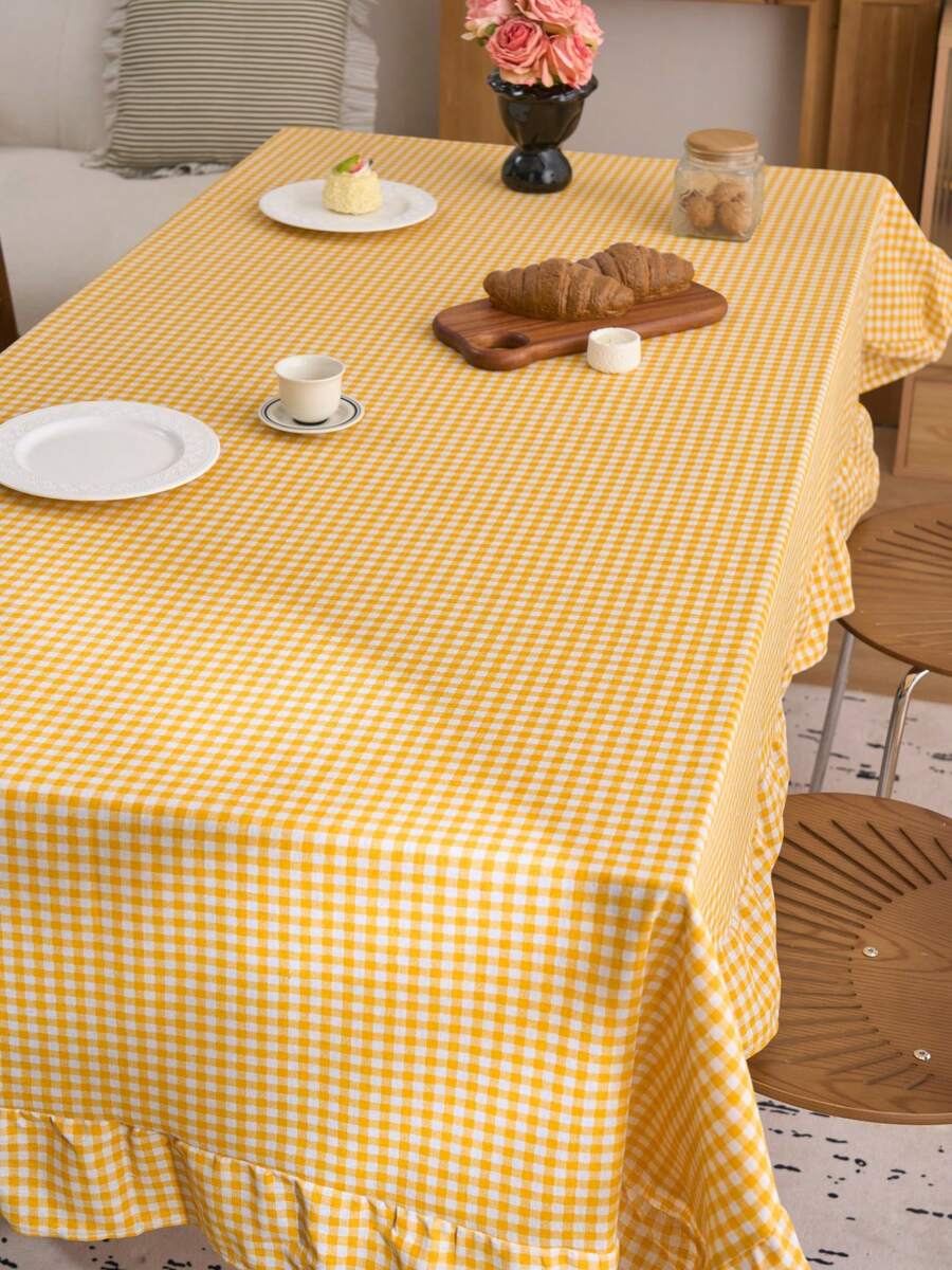 1pc Fresh Minimalist Style Yellow Plaid Ruffle Tablecloth, American Farmhouse Style For Kitchen, Dining Table, Coffee Table, TV Stand, Entryway, Suitable For Holidays, Parties, Weddings, Banquets, All Season Photography Background