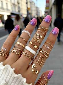 21件套女士可调节戒指套装 - 可叠戴金色水钻珍珠/链条/几何图案多款时尚指环饰品，适合日常和派对装扮 - 彩色 - 查看 2