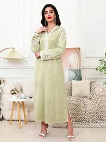 2026 New Style Ramadan Traditional Elegant Embroidered V-Neck Long Sleeve Dress For Women - Green - View 9