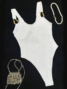 女士夏季时尚高端金属设计连体泳衣，白色纹理度假风优雅沙滩派对泳衣 - 完美适用于派对、度假、浪漫约会、时尚设计、独特休闲波西米亚风格、旅行和日常玩耍 - 白色 - 查看 4