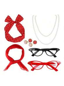 This 5-Piece Set, Suitable For Women In Their 20s, 40s, 50s, And 70s, Includes A 1950s Retro Solid Color Scarf, Cat-Eye Glasses, A Polka Dot Headband, And Gloves. It's Perfect For 1950s-Themed Solid Color Parties, Halloween Cosplay, Costume Parties, Everyday Wear, Themed Parties, And Valentine's Day Women's Party Accessories.